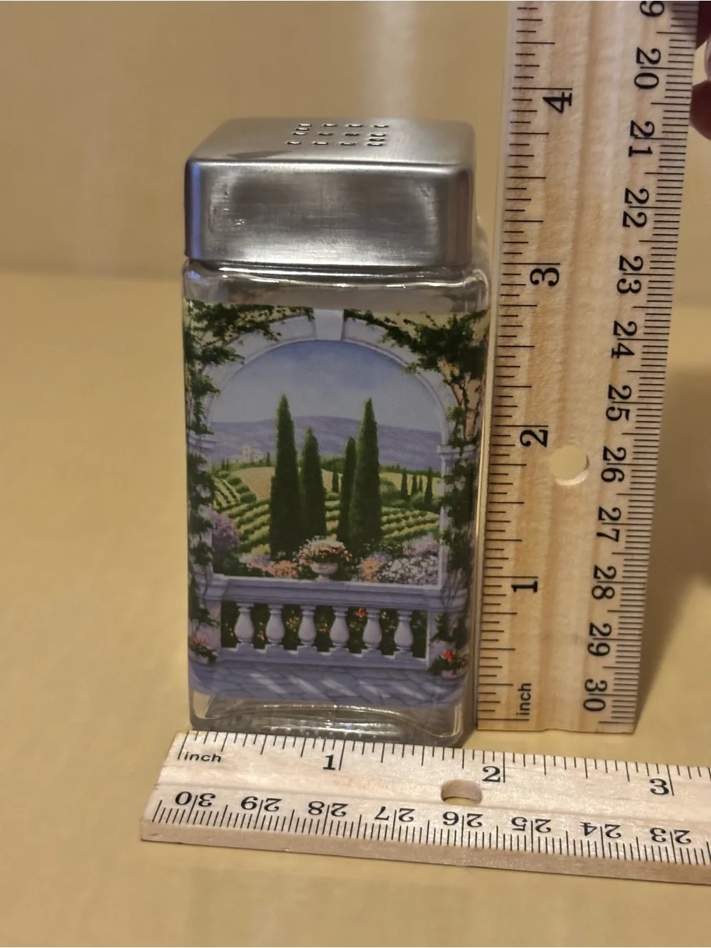 Italian Scene Glass Salt and Pepper Set with Caddy